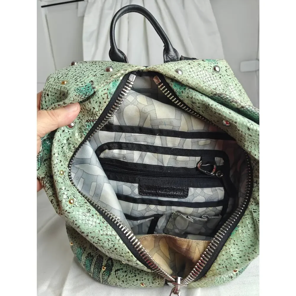 AIMEE KESTENBERG Backpack purse mint green Reptile print  black pebbled leather